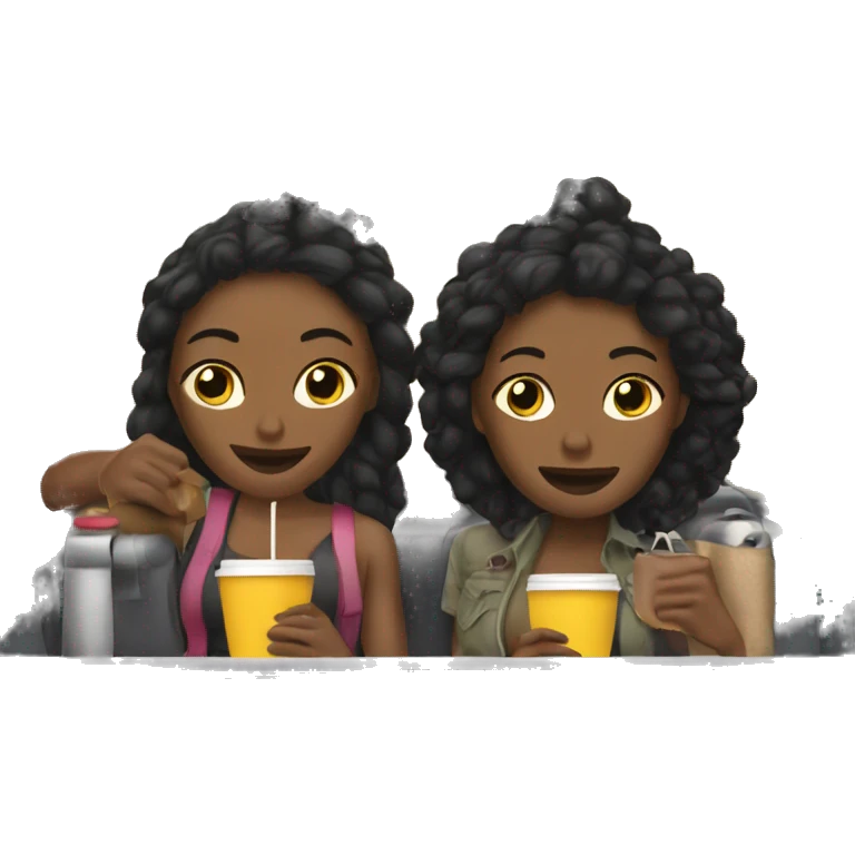 two black girlfriends on a road trip one drinking coffee emoji