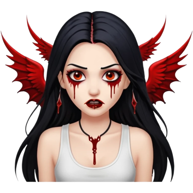 White woman with a white tank top long black hair glossy middle part long hair vamp look with fangs or blood dripping down lips brown eyes eyeliner winged with lashes top and bottom white border emoji