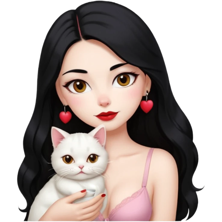 Beautiful Girl Long Hair black, Brows Big , Skin White, bra Pale Pink , Big Red Lips, EyesCoffe , Big hug Little baby Persa Cream Cat With Cute Eyes emoji
