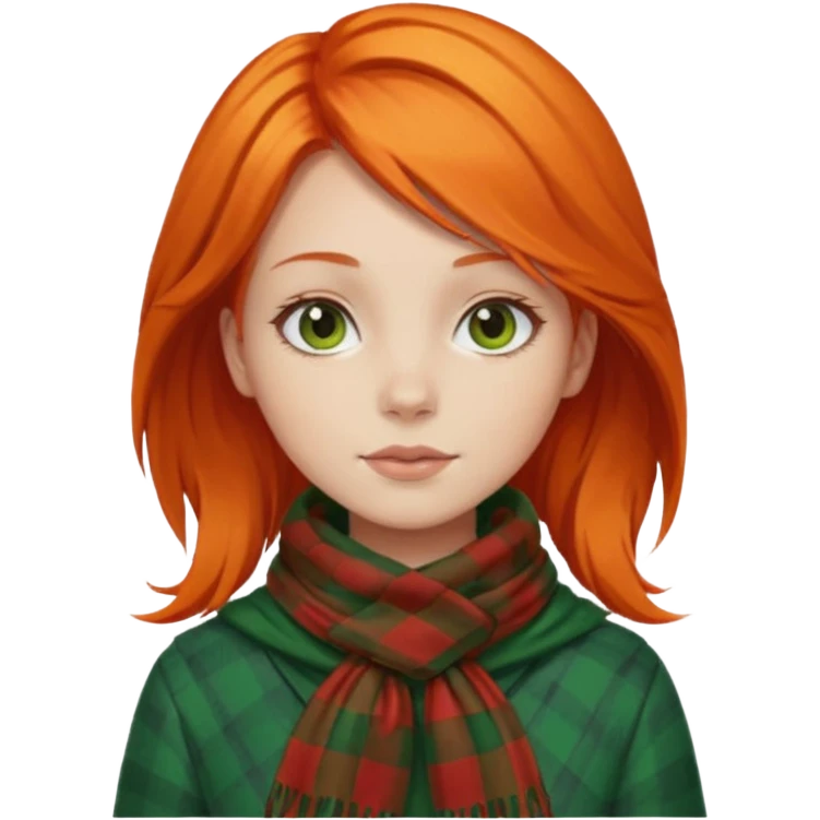 girl orange hair, wear red checkered scarf, green dress emoji