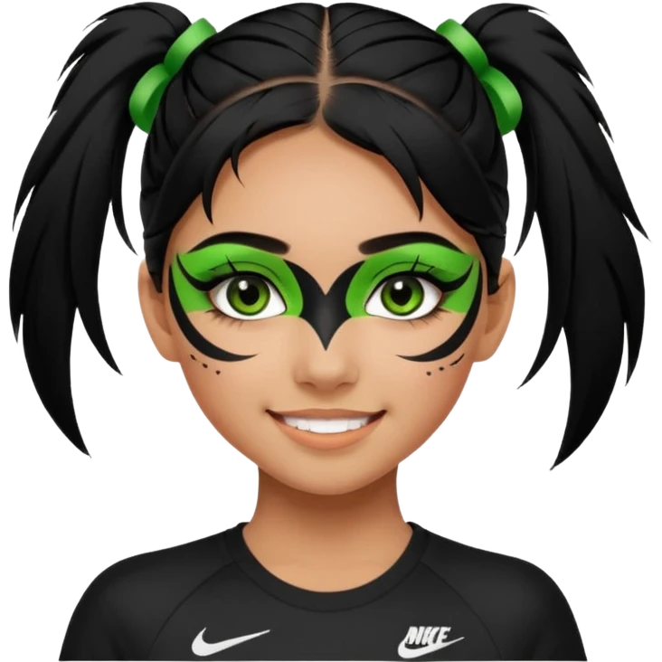 cute teenage girl, cute athletic Nike clothes, tan skin, green eyes, black hair, face paint, very long eylashes emoji