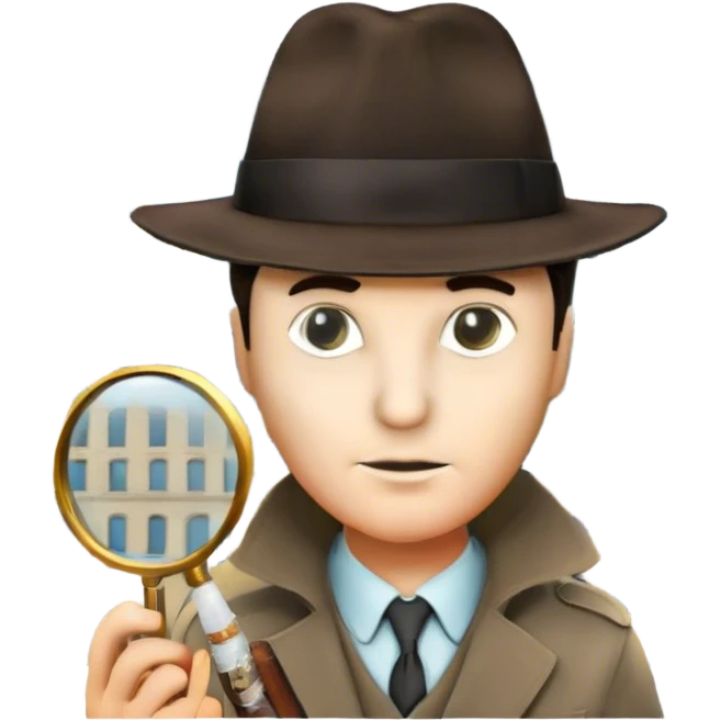 A colorful collage featuring iconic detective elements—magnifying glass, a fedora hat, a cigarette, a shadowy figure, and a mysterious city backdrop, a board with photos of suspects. Include subtle clues like fingerprints or a crime scene. Retro movie poster style. Transparent background. emoji