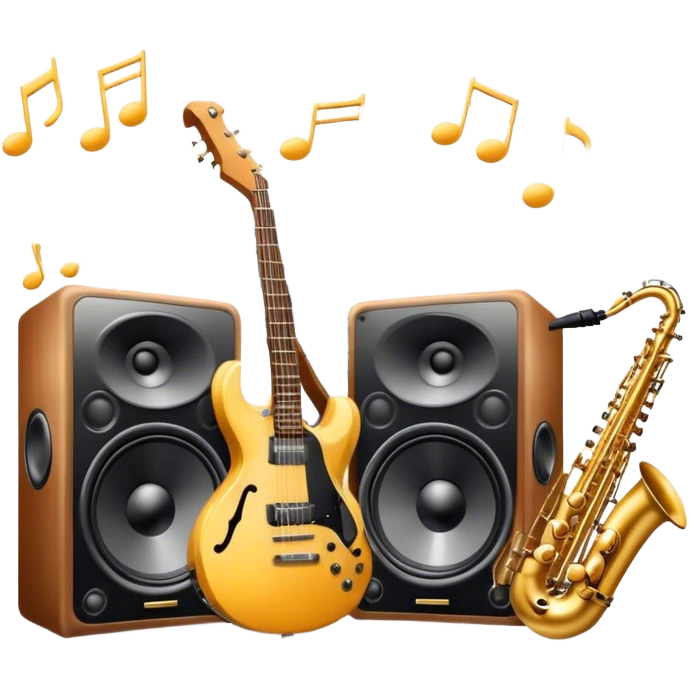 Icon for R&B Music Listening: large concert speakers and headphones with waves of musical notes coming out, along with drums, bass guitar and saxophone. The icon should convey the energetic and rhythmic vibe of R&B music. Transparent background emoji