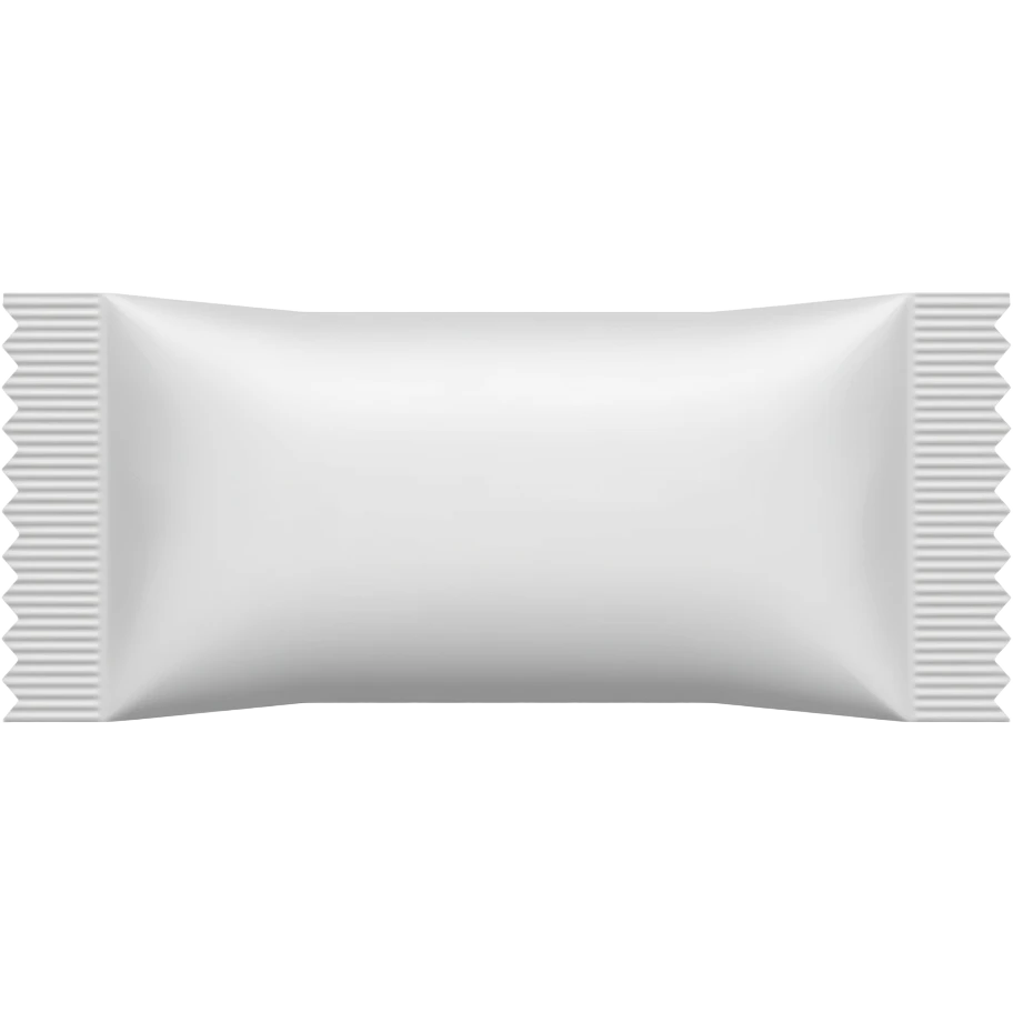 A small horizontally elongated nicotine pouch made of thin white paper, slightly filled so it looks soft and pillow-shaped. The pouch is sealed on both ends with crimped paper edges. emoji