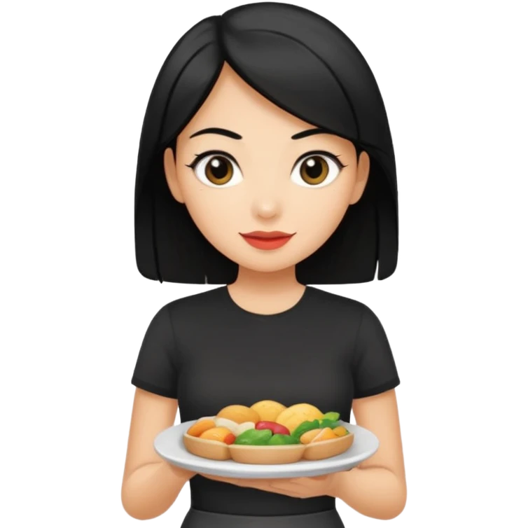 waitress with black hair and a food plate with a black tshirt emoji