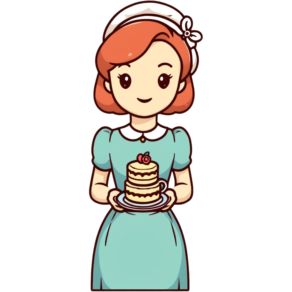 Charming British girl in vintage dress having afternoon tea with fancy teacup, scones and cake stand emoji
