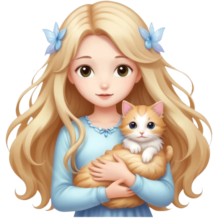 Dreamy beautiful fashion elegant cute shiny lady soft style kawaii beautiful hair fairy style girl holding a kitten emoji