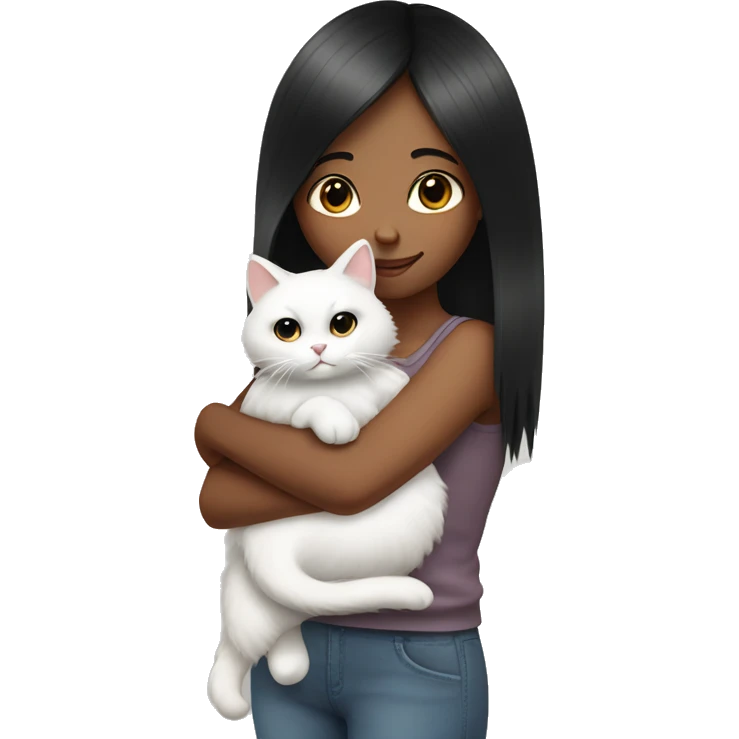 Black straight hair girl holding fluffy white cat  emoji