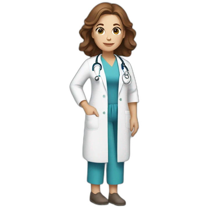 white midwife with brown hair, stethoscope and gown emoji
