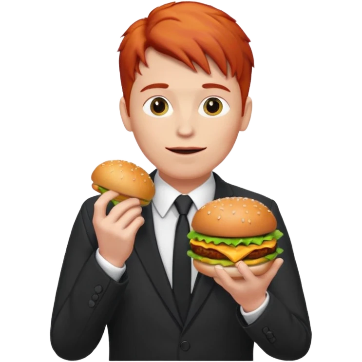 red haired male wearing suit eating hamburger emoji