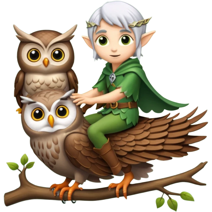 tiny forest elf with silver hair riding owl emoji
