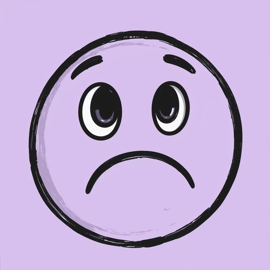 sad smiley face, hand-drawn chalk style, soft lilac color palette, rough doodle-like texture, pastel chalk on dark surface, aesthetic, emotional, suitable for Telegram channel emoji