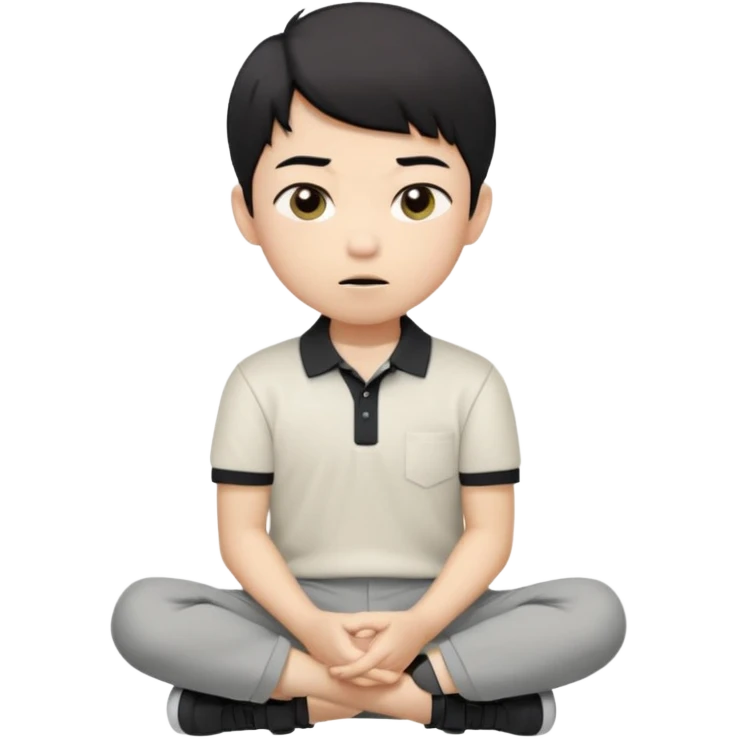 A cartoon young Asian boy with short black hair, light beige skin, and large expressive eyes, wearing a white polo shirt, gray pants, and black shoes. He sits cross-legged on the ground, one fist resting on his cheek, with a closed-mouth smirk. Clean lines, flat colors, solid black background. emoji