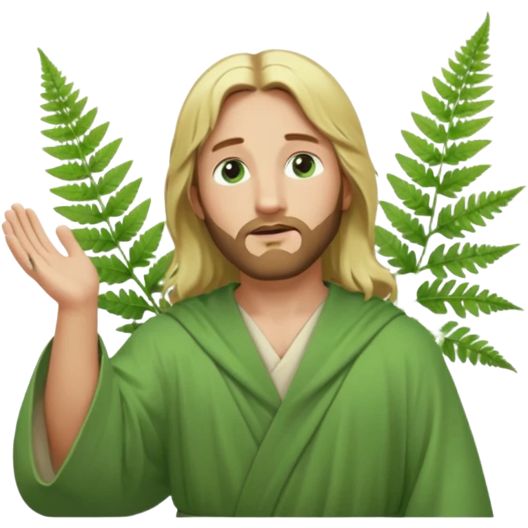 Jesus, green eyes, blonde hair, light green robe. opening arms, gazing thoughtfully. Soft light, subtle fern. Waist-up, profile. emoji