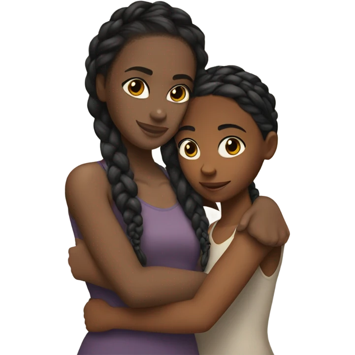 Black girl with braids hugging a white brunette girl with brown eyes emoji