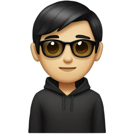 programmer, student, asian, black hair, black eyes, male, round face, black sunglasses, black hoodie, part hairstyle emoji