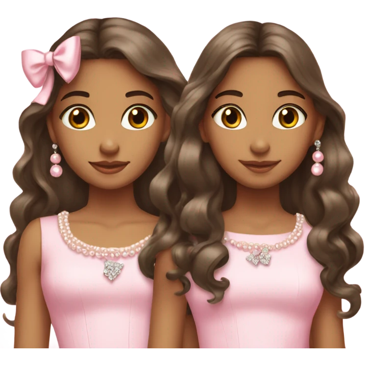 two pretty teenage Latina twins. pink. Long hair. Pink bows. Pearls. Light pink. Diamonds dress. emoji