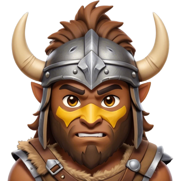Clash of Clans aesthetic: Cinematic Fierce Barbarian Portrait Emoji, Poised and bold with a rugged yet cartoonish build in tattered furs and a horned helmet, expressive bright eyes and a confident smirk, Simplified yet dynamic features, highly detailed, glowing with a vivid, adventurous aura, high shine, heroic and spirited, stylized with an air of medieval warrior charm, focused and energetic, soft glowing outline, capturing the essence of a fearless barbarian adventurer ready to lead his clan with spirited valor! emoji