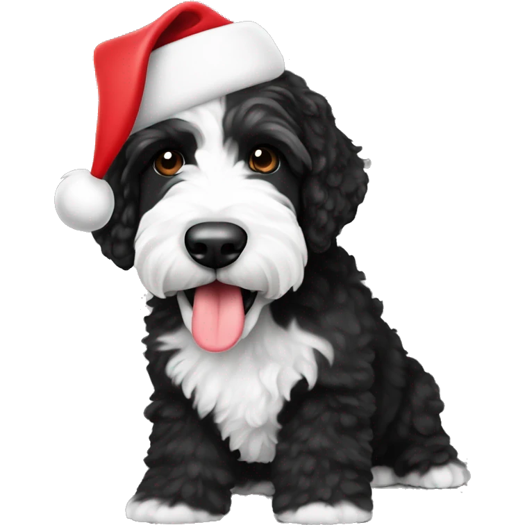 Black and white bernadoodle with santa hat emoji