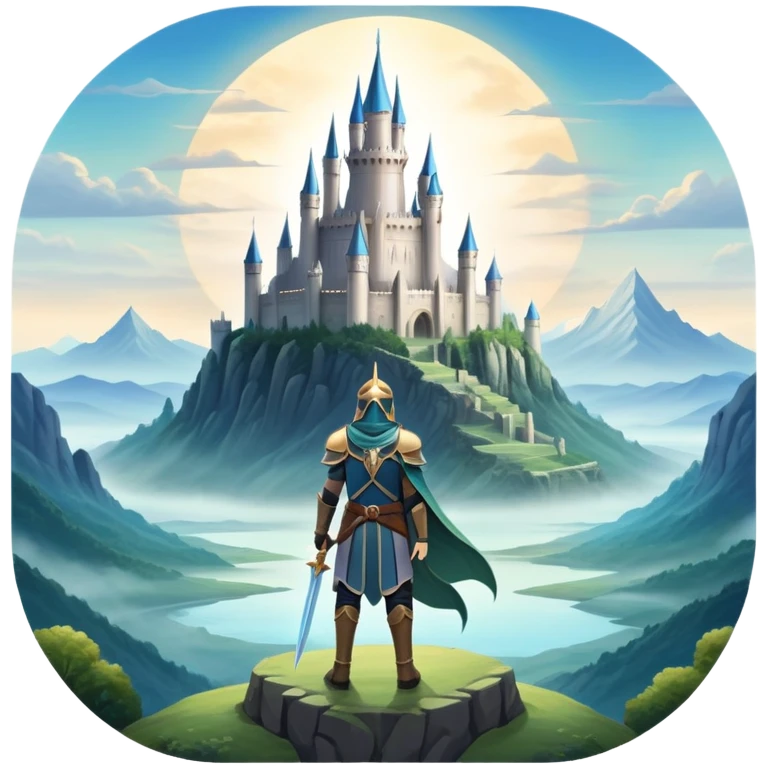 An icon featuring a hero with a closed visor, standing in a majestic, mystical landscape, inspired by RPGs like Elden Ring. The design includes a stunning, ethereal background with towering castles and distant mountains, symbolizing the adventure and mystery. Transparent background emoji