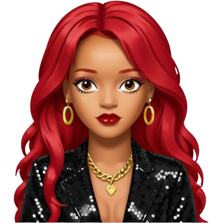 Rihanna with long red hair, black sequin outfit emoji