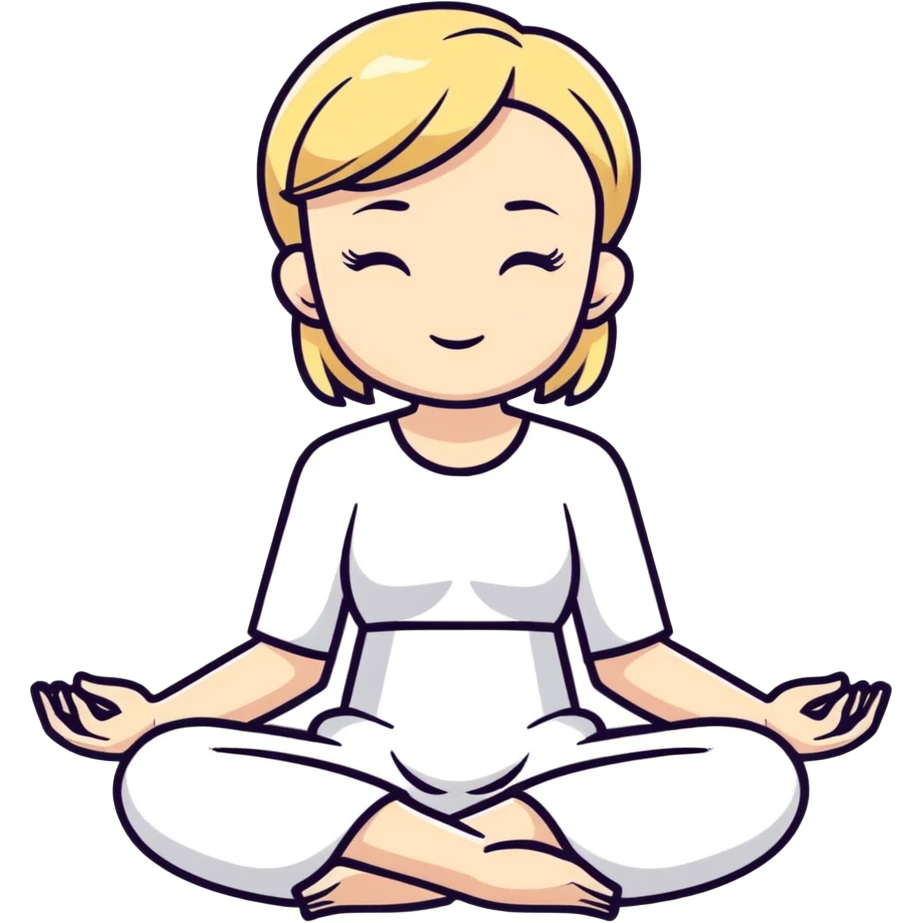 a blonde girl with a short haircut in a white dress sitting in a lotus position and meditating emoji
