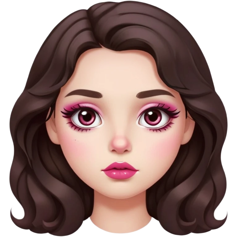 girl with light wheatish skin, dark brown long wavy hair, pouty shiny lips with berry lip gloss, large eyes with eyelashes, pink blush on cheeks, inner eye highlighted with white eyeliner, button nose emoji