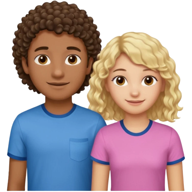 Menino de pele morena de olho castanho meio preto e cabelo cacheados ralo e blusa azul e menina loira de cabelos longos e franja na testa sorrindo com blusa rosa emoji