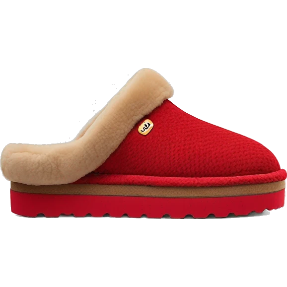 Chestnut slip-on slippers red zig-zag trim, a red heel pull tab, and a thick platform sole. “UGG” emoji