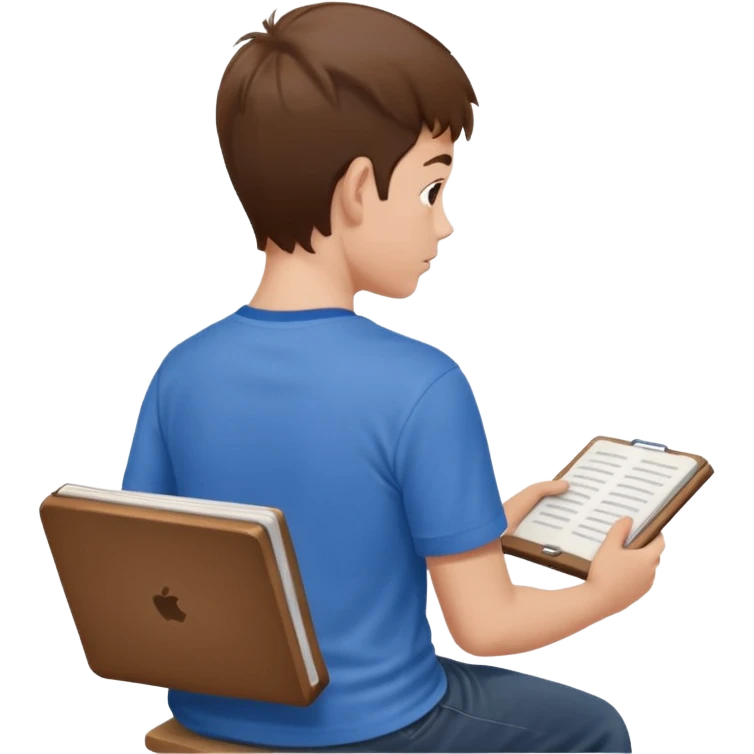 Boy sitting at school reading with his back to the camera
 emoji