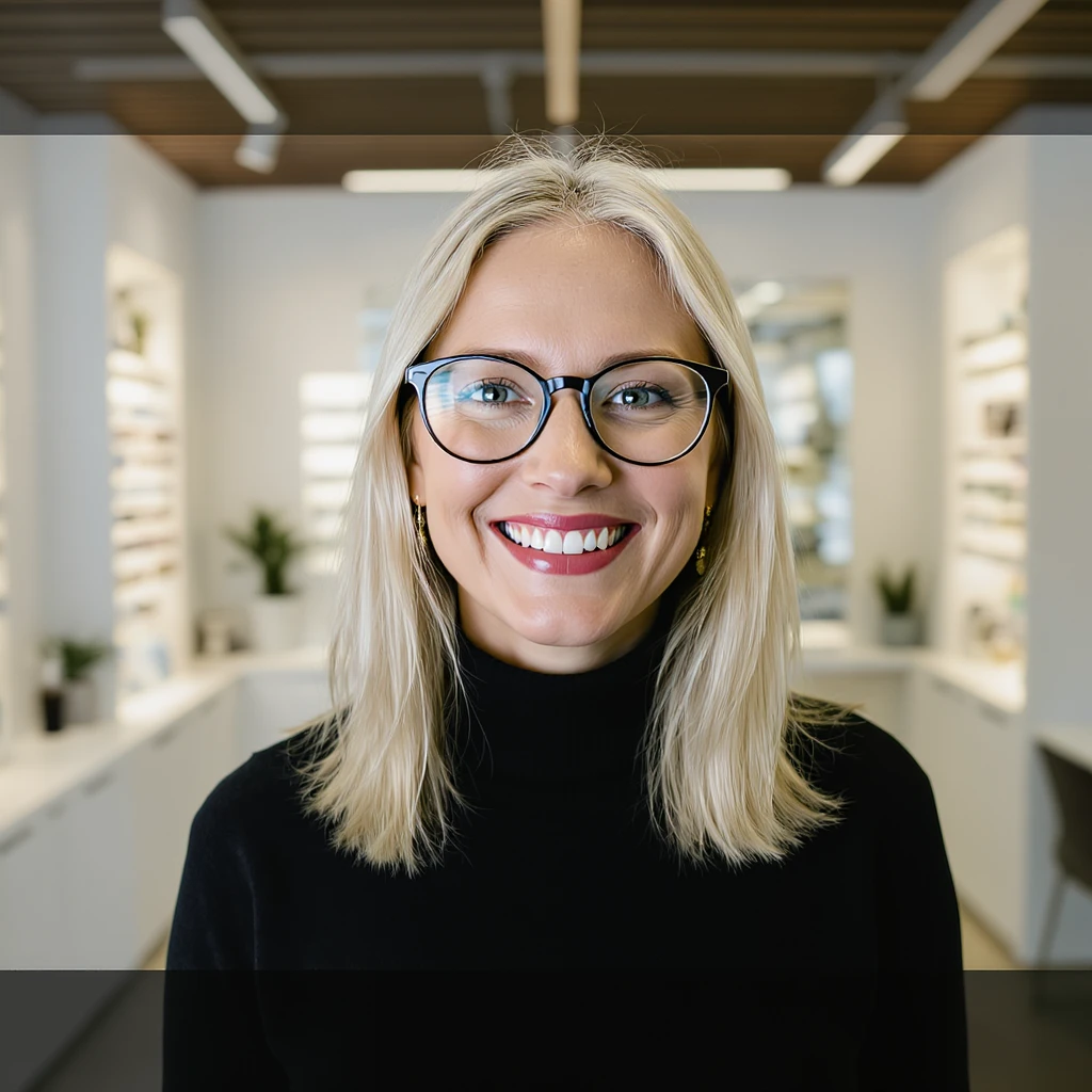 "Medium shot:2", Cinematic still of a smiling european white woman with glasses smiling, minimalistic ophthalmologist interior in background, leading  lines, rule of thirds emoji