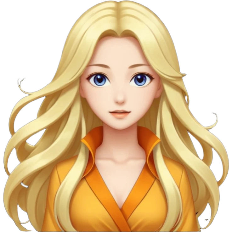 Elegant beautiful woman, long flowing hair, glowing skin, captivating eyes, fashionable outfit, dreamy light, detailed anime-style, vibrant colors, transparent background emoji