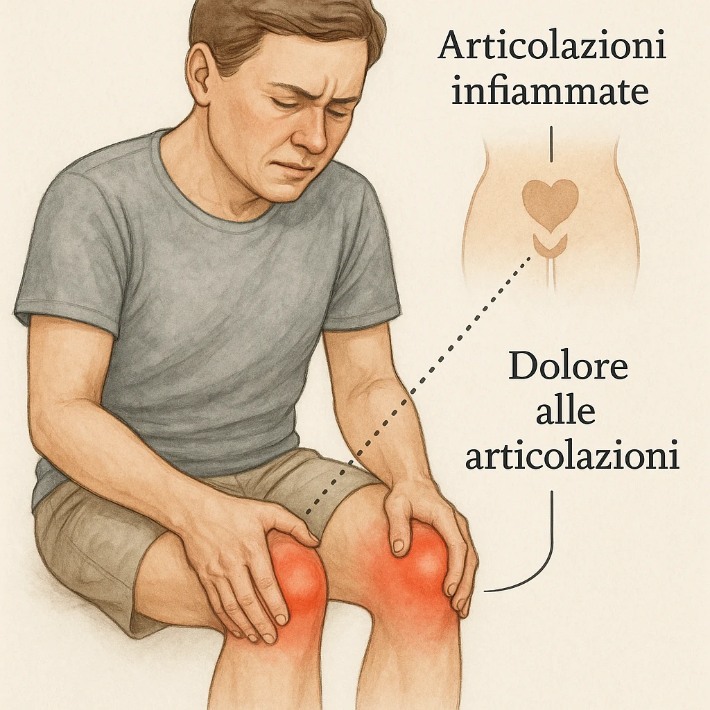 realistic medical illustration of a person with joint pain, holding knees or hands, showing visual connection to inflamed intimate areas using discreet symbols or shading, educational and respectful style, with Italian labels, no explicit details emoji