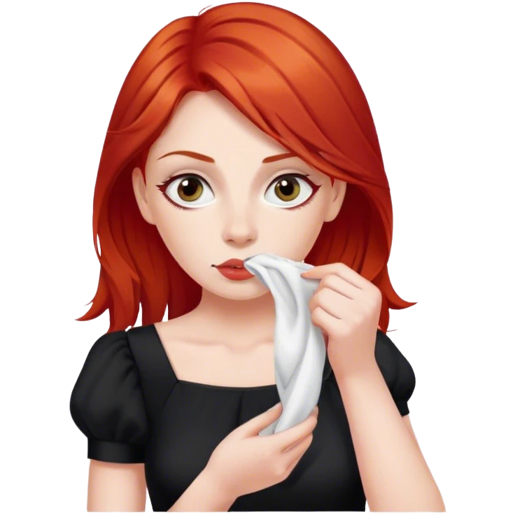 a woman with red hair and red eyes sniffing a white sock. The woman wear a black  dress emoji