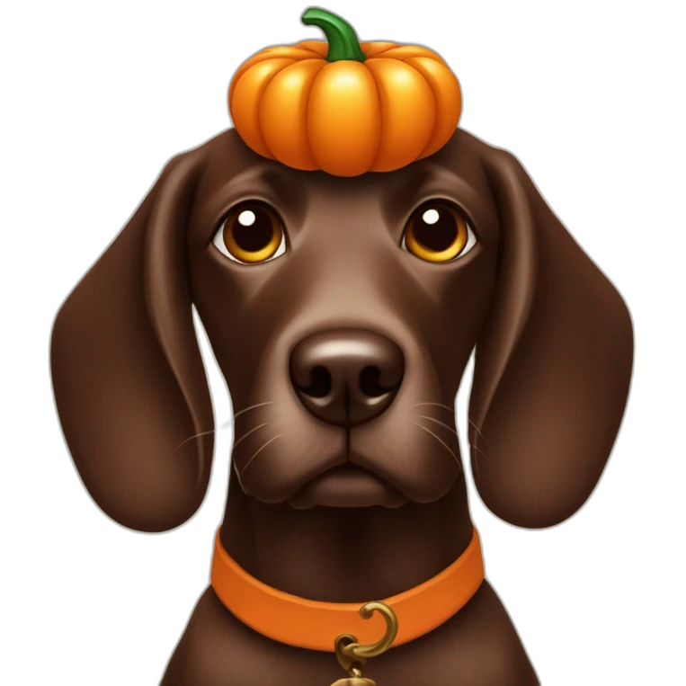 A chocolate doodle dog with a jack on lantern on its head emoji