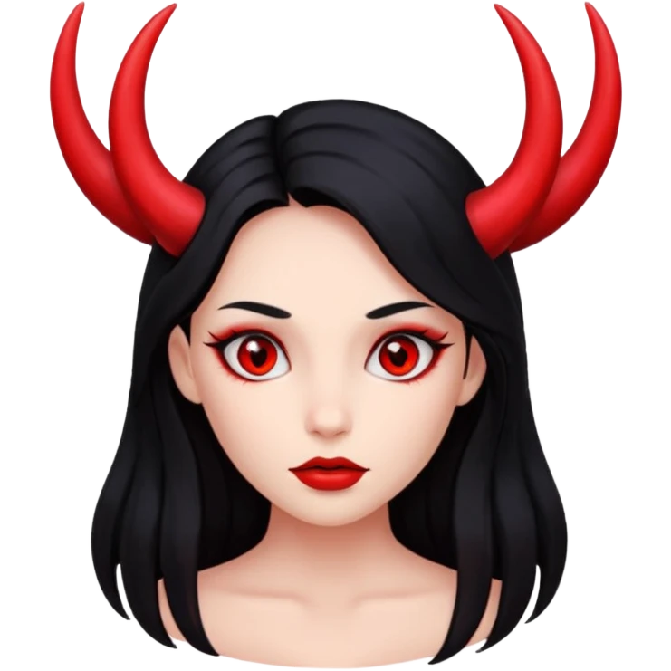 A girl's face with cheekbones, completely red skin, long black hair, small red horns, and red eyes. emoji
