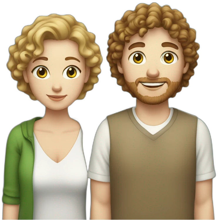 Couple, white European man with brown curly hair, blue eyes and chubby white woman with light brown curly hair and green eyes emoji