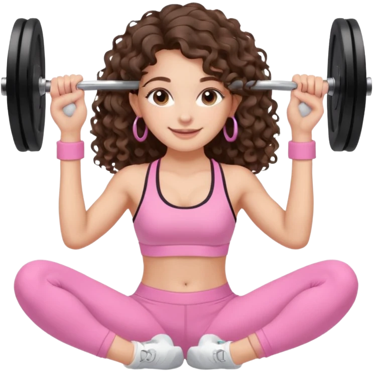 cute balayage brunette long hair curly/wavy haired girl, hoop earrings, clean girl makeup DOING EXERCISE with weights with a cute pastel pink set emoji