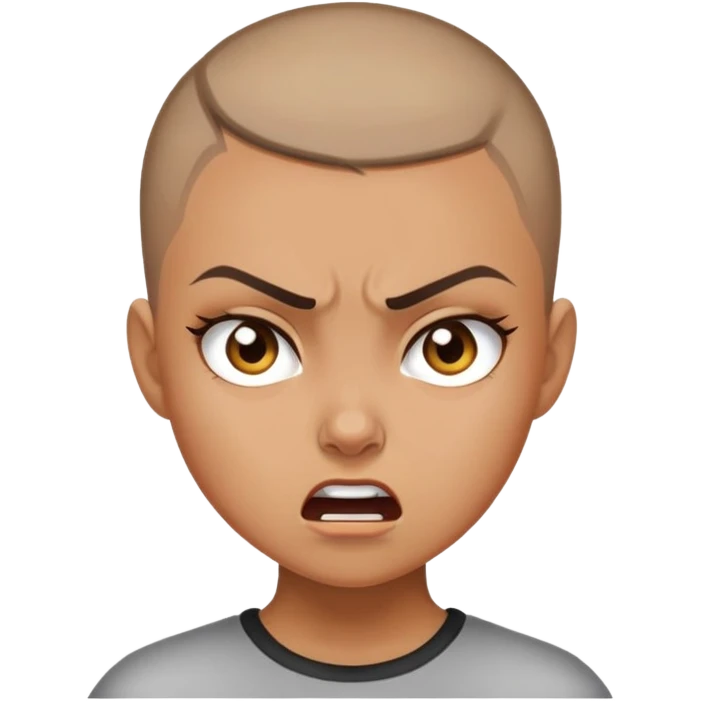 Girl showing anger, tan skin tone, buzzcut emoji