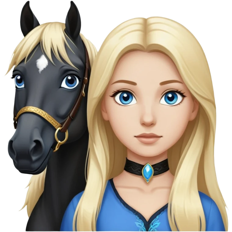 White girl, long blonde hair, beautiful blue eyes, next to a black Arabian horse emoji
