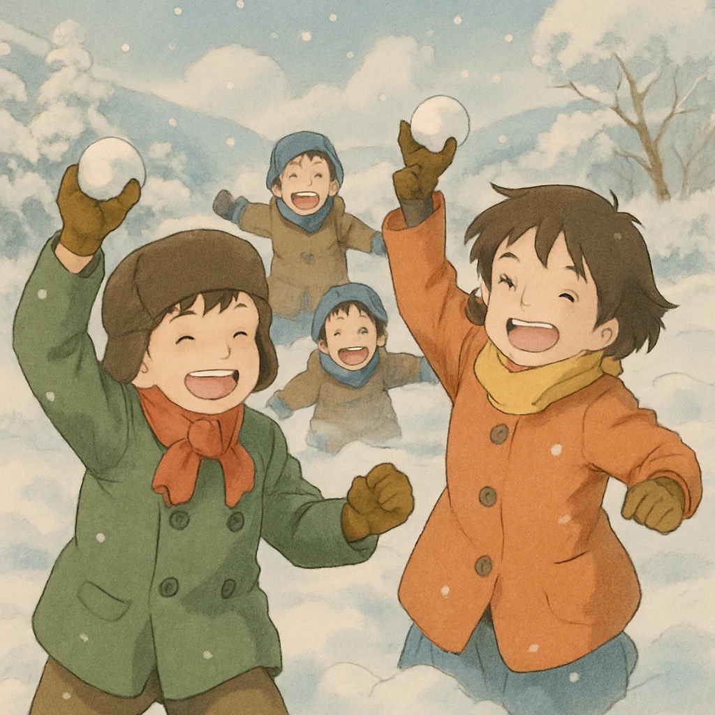 joyful snowball fight, soft colors, snowy landscape emoji