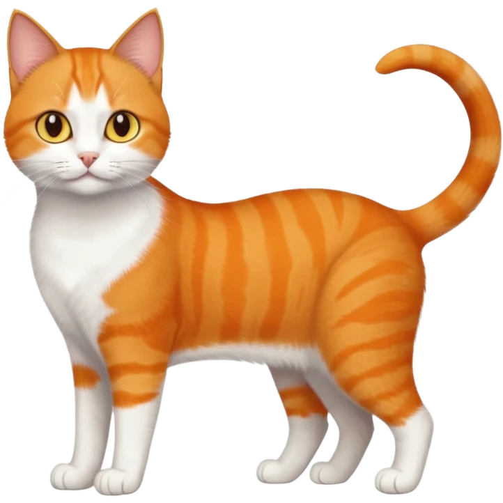 full body orange domestic shorthair slim cat with yellow/orange eyes paw being white and the other being half emoji