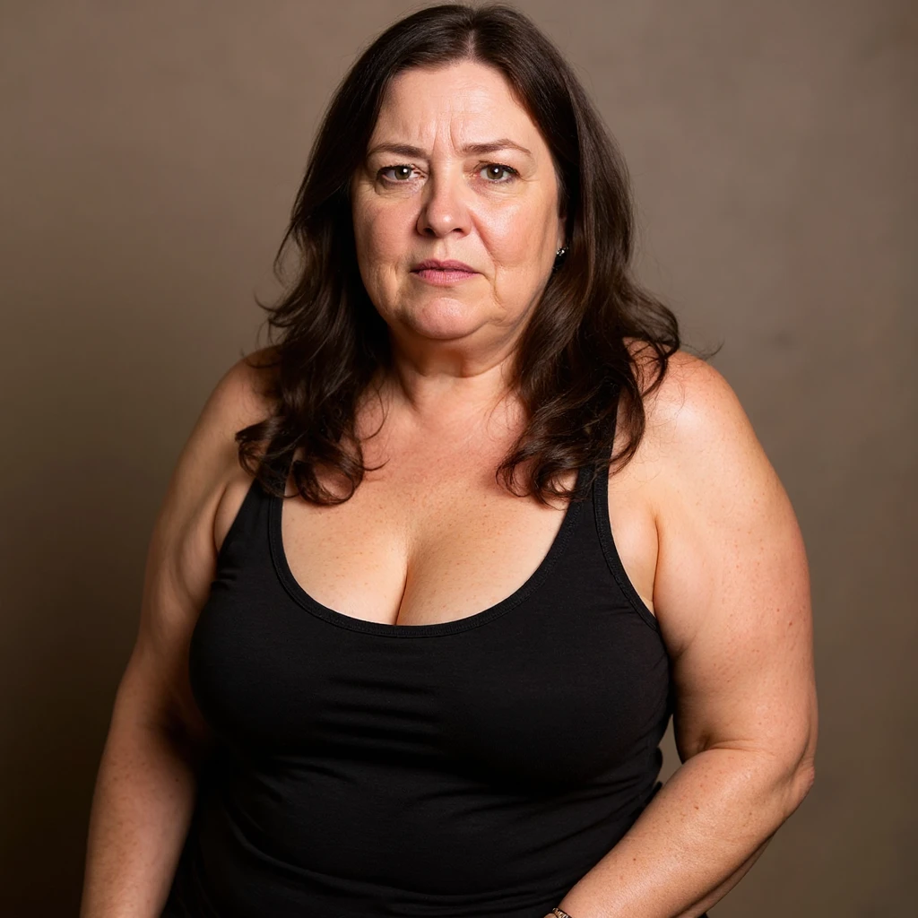 Make the image more realistic inspired by the reference photo: a woman with a lot of cellulite, visible face with a desperate and tired expression, identical pose to the photo, very detailed skin and shadows, neutral background. emoji
