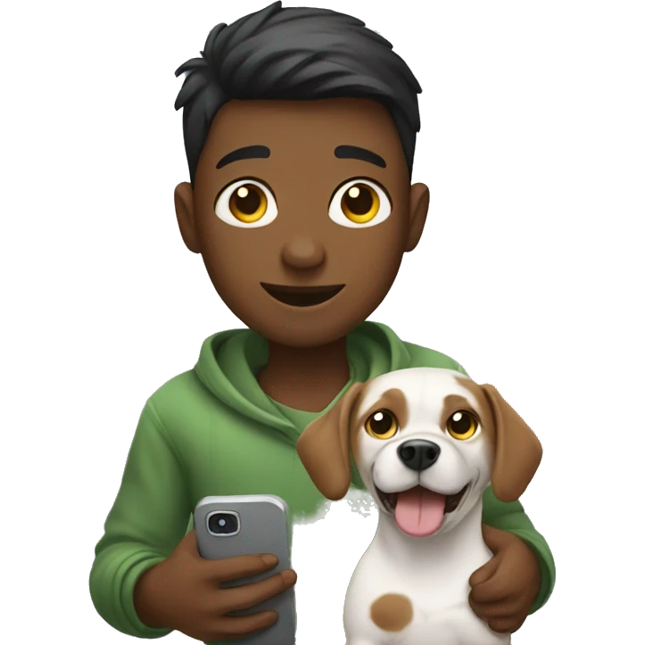 boy holding dog and phone emoji