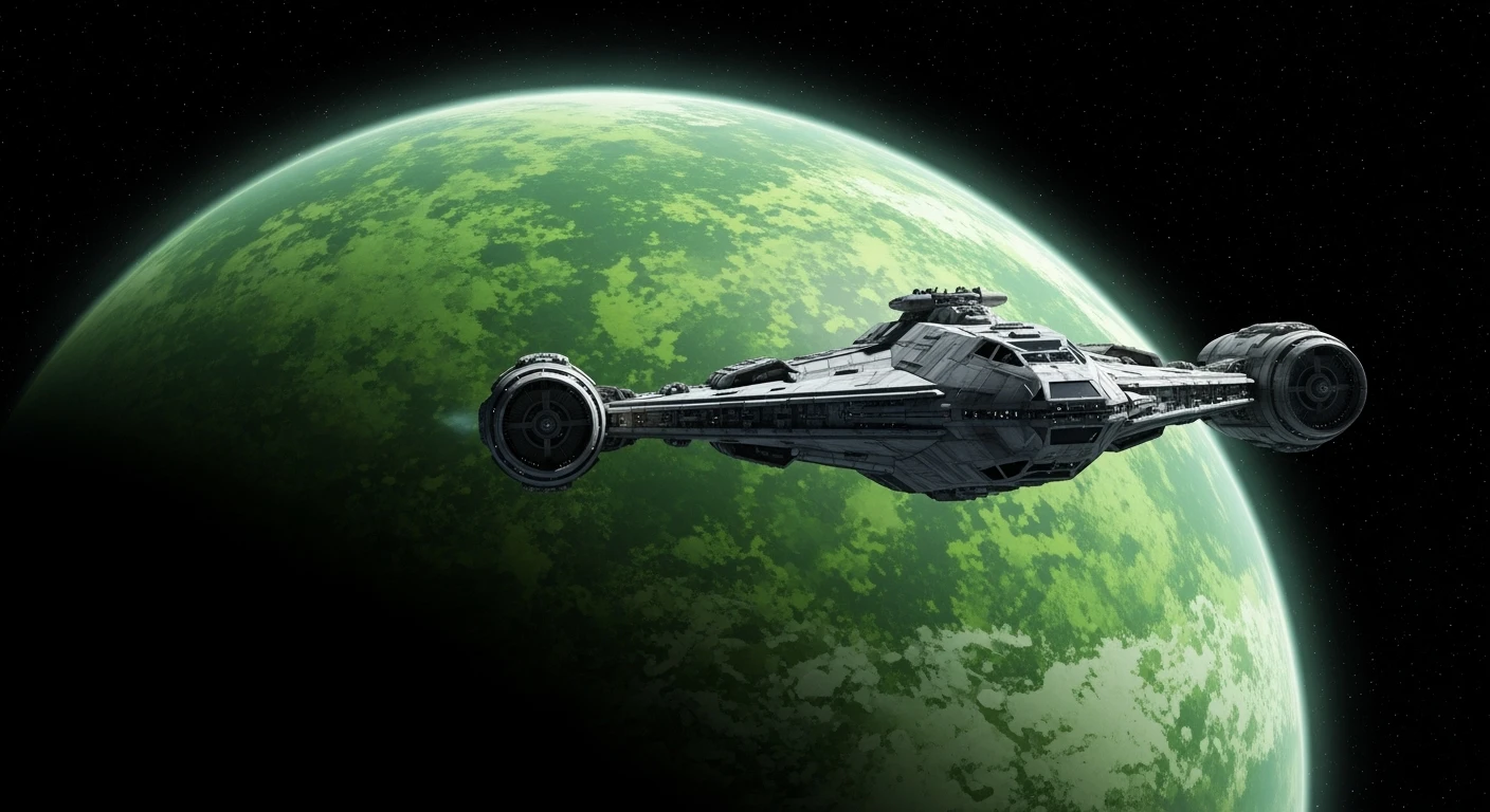 cinematic still, establishing shot, entire globe green planet, single starship coming to planet, inspired by StarWars movie, captured by arri alexa  emoji