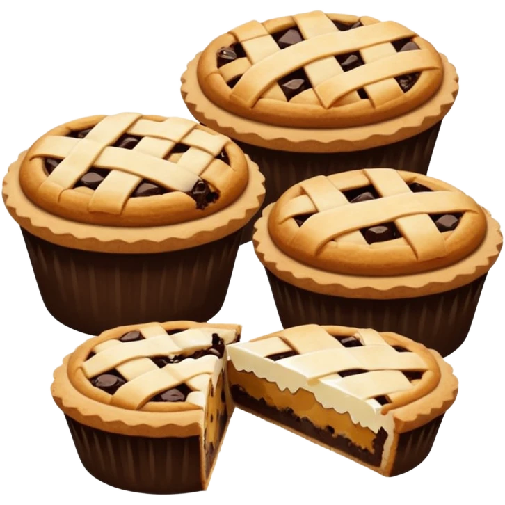 Baking community avatar in clean emoji-style illustration. Pies, cookies, and muffins grouped together, warm golden tones, simple shapes, flat design, high contrast, cozy and friendly. emoji