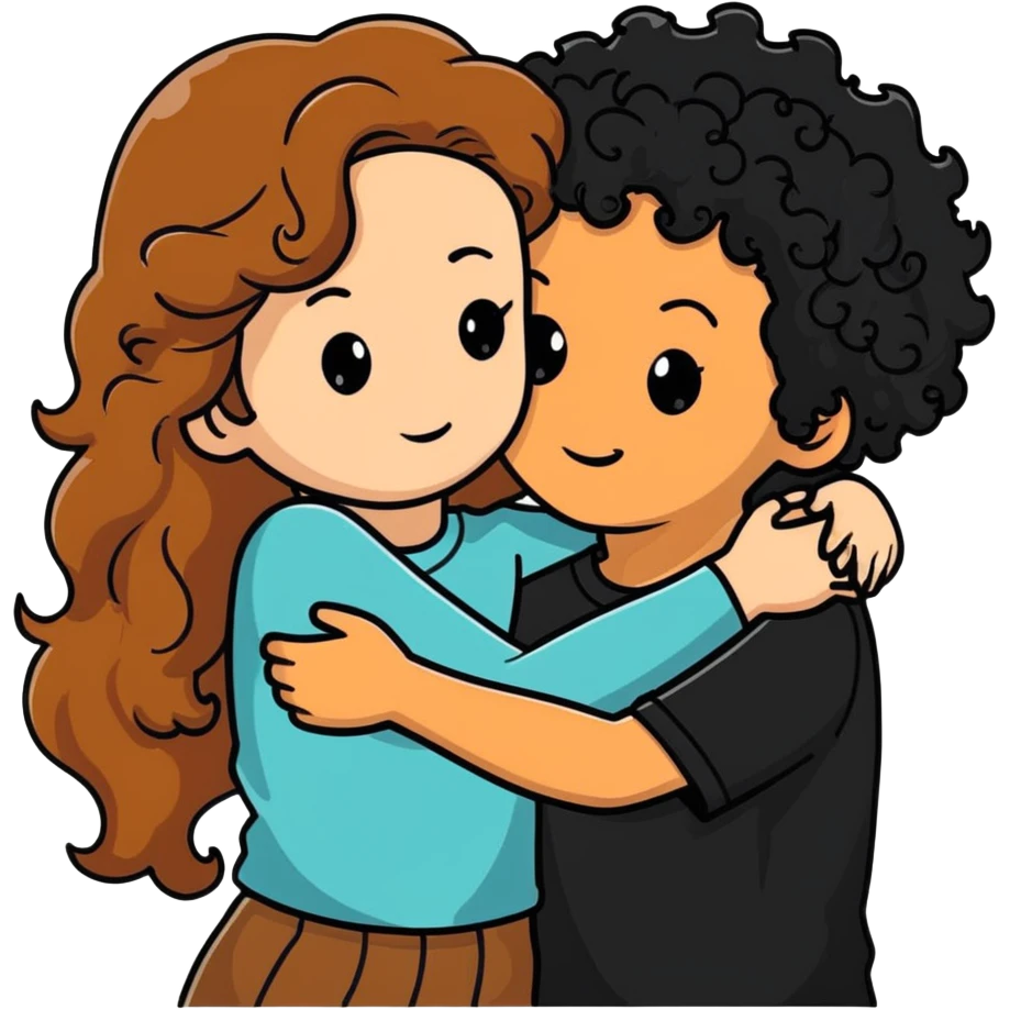 girl with long light brown hair and pale skin hugging a boy with black curly hair and tanned skin emoji