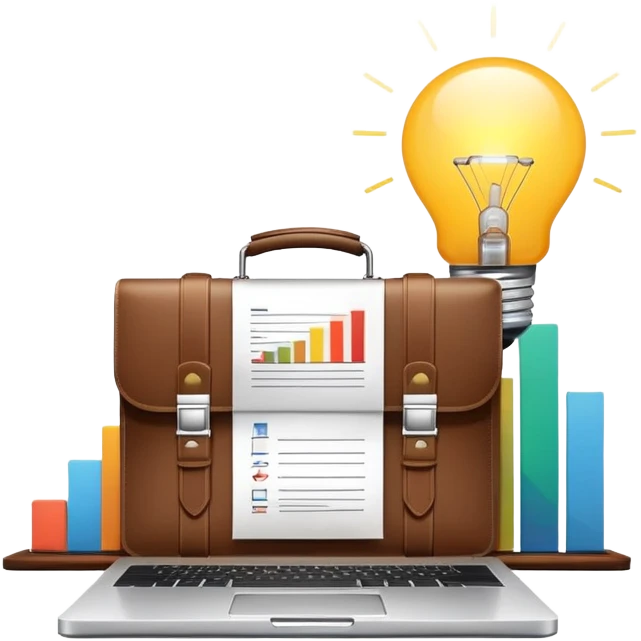 An icon showing a briefcase, a stack of documents, and a rising bar chart, representing business and entrepreneurship. The design features a laptop and a lightbulb, symbolizing innovation and strategy. Transparent background highlights the dynamic world of business growth and leadership. emoji