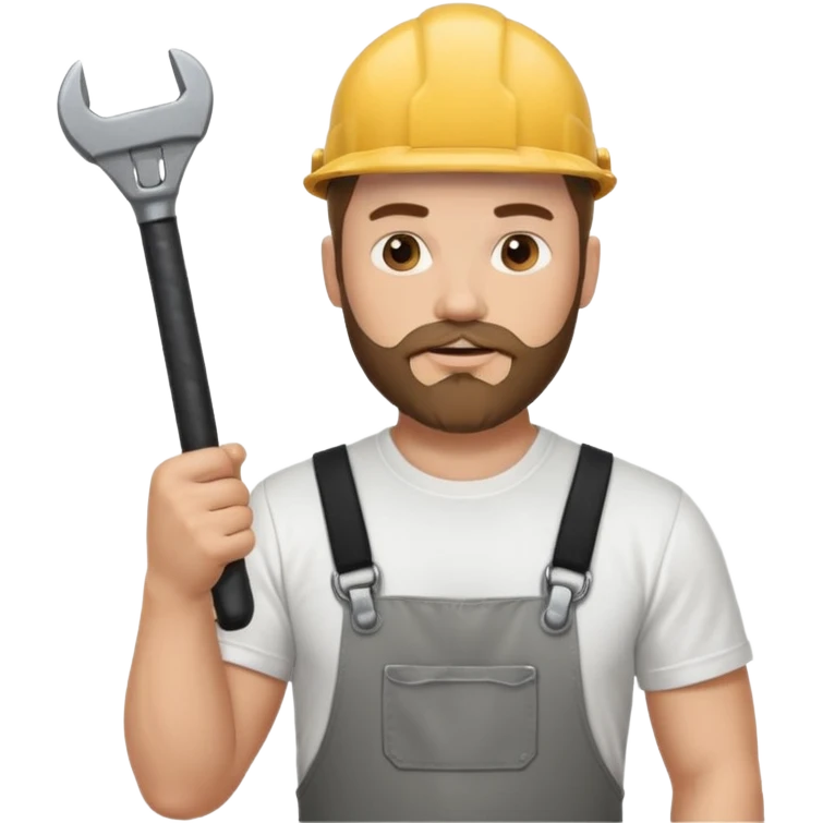 guy who looks very handsome, he has a beard, wears a white tee shirt and holds a wrench in one hand and a black hammer in the other  emoji