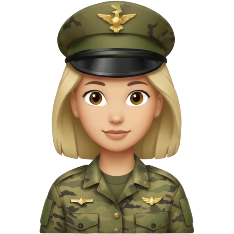 Female soldier emoji in Apple style, no cap/helmet, bust portrait, gentle smile, generic camo, hair visible, soft gradients, transparent PNG emoji
